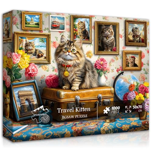 PICKFORU Katzenpuzzles für Erwachsene 1000 Teile, Kätzchen-Reisepuzzles für Erwachsene, Vintage-Tierblumen-Puzzles für Erwachsene, Kitty Floral Puzzles für Erwachsene Scenic von PICKFORU