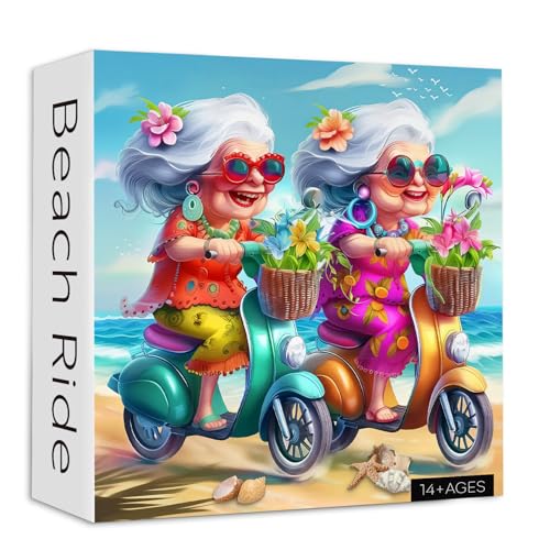 Sommerstrand 1000 Teile Puzzle für Erwachsene, PICKFORU Lustige Strandfahrt Puzzles, Einzigartiges schwieriges Oma Motorrad Thema als Wohnkultur von PICKFORU