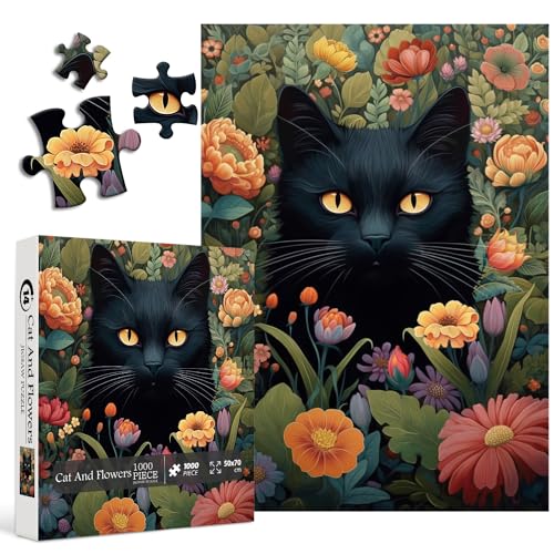 Vintage Katzenpuzzles für Erwachsene ab 1000 Teile, PICKFORU Blumen-Puzzles Kollektion Tier und Pflanze, Retro-Kitty-Puzzle als Geschenk für Katzenliebhaber von PICKFORU