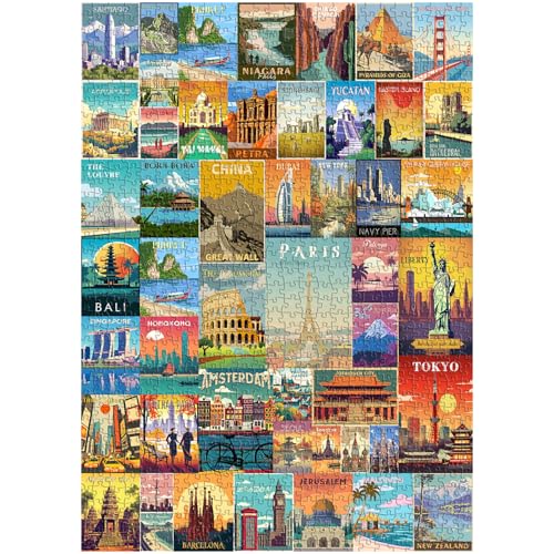 Vintage Weltreise Puzzles für Erwachsene 1000 Teile, Kolosseum Eiffelturm Landschaft Poster Puzzle Sehenswürdigkeiten, Landschaft Puzzle für Erwachsene Paris Italien Landschaft von PICKFORU