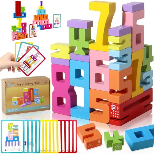 PICKONA hölzerne Zahl Bausteine - 20 Stück Zahl Bausteine Set mit 15 Lernkarten für Kinder, Zahl Blöcke Spielzeug, kreative Montessori inspirierte hölzerne Zahl Blöcke Geschenk für Kinder von PICKONA