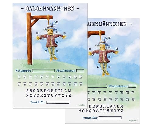 PICTALOO Galgenmännchen Spiel, Spielblock für die ganze Familie, Hangman Block DIN A5 mit 50 Seiten, freie Kategorie und Wortwahl, Urlaubsspiel Erwachsende und Kinder, Reisespiel, Familienspiel (2X) von PICTALOO