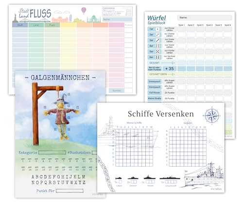 PICTALOO Reisespiel Spielblock Set, Spieleblöcke zum Ausfüllen für die ganze Familie, Block DIN A5 mit je 50 Seiten, Würfelspiel, Stadt Land Fluss, Schiffe Versenken, Galgenmännchen, Familienspiele PICTALOO Reisespiel Spielblock Set, Spieleblöcke zum Ausfüllen für die ganze Familie, Block DIN A5 mit je 50 Seiten, Würfelspiel, Stadt Land Fluss, Schiffe Versenken, Galgenmännchen, Familienspiele von PICTALOO