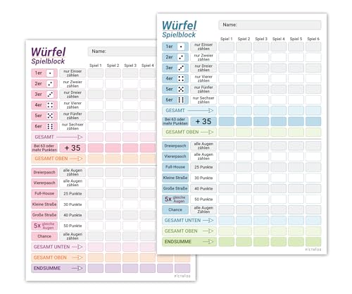 PICTALOO Würfelspiel Block Partner Set, blau und rosa, gut lesbar und übersichtlich gestaltet, moderner Ersatzblock, Spielblock groß, auch für Senioren und Kinder geeignet, Würfel Spiel Set (1 Set) von PICTALOO