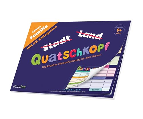 Quatschkopf Familie, Stadt Land Fluss Kinder Junior Variante, Spielblock mit 35 witzigen und kreativen Kategorien, Reisespiel Erwachsene Jugendliche, großer Block DIN A4, Gesellschaftsspiel ab 9 Jahre Quatschkopf Familie, Stadt Land Fluss Kinder Junior Variante, Spielblock mit 35 witzigen und kreativen Kategorien, Reisespiel Erwachsene Jugendliche, großer Block DIN A4, Gesellschaftsspiel ab 9 Jahre von PICTALOO