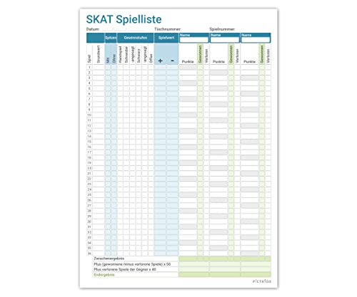 PICTALOO Skat Block DIN A5, gut lesbar und übersichtlich gestaltet, moderner Spielblock groß, auch für Senioren geeignet, Kartenspiel Skat Blöcke (Preisskat 3er) von PICTALOO