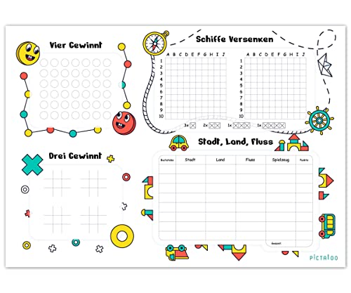 Spielblock mit vier Spielen für Kinder und Erwachsene, Vier gewinnt, Drei gewinnt, Schiffe Versenken, Stadt Land Fluss, Reisespiel für Auto, Zug und Flieger, deutsche Sprache, Familienspiel (2x) von PICTALOO