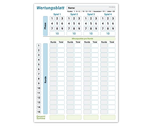 Wertungsblatt Block DIN A5, gut lesbar und übersichtlich gestaltet, moderner Ersatzblock mit Phasen, großer Spielblock für Würfel und Kartenspiele, für Senioren und Kinder geeignet, Familienspiel (1x) von PICTALOO