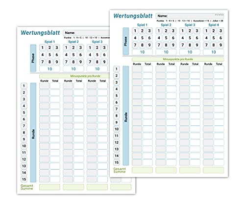 Wertungsblatt Block DIN A5, gut lesbar und übersichtlich gestaltet, moderner Ersatzblock mit Phasen, großer Spielblock für Würfel und Kartenspiele, für Senioren und Kinder geeignet, Familienspiel (2x) von PICTALOO