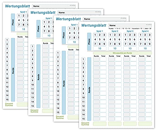 Wertungsblatt Block DIN A5, gut lesbar und übersichtlich gestaltet, moderner Ersatzblock mit Phasen, großer Spielblock für Würfel und Kartenspiele, für Senioren und Kinder geeignet, Familienspiel (4x) von PICTALOO
