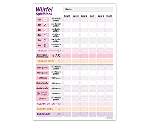 PICTALOO Würfelspiel Block DIN A5 in rosa lila, gut lesbar und übersichtlich gestaltet, moderner Ersatzblock, Spielblock groß, auch Senioren und Kinder geeignet, Würfel Spiel Set, Familienspiel (x1) von PICTALOO