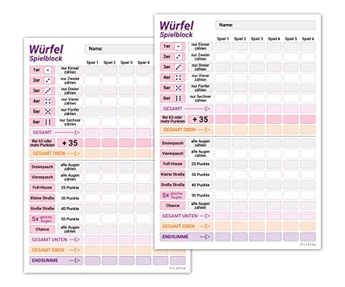 Würfelspiel Block DIN A5 in rosa lila, gut lesbar und übersichtlich gestaltet, moderner Ersatzblock, Spielblock groß, auch für Senioren und Kinder geeignet, Würfel Spiel Set, Familienspiel (2x) von PICTALOO