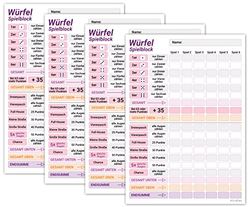 PICTALOO Würfelspiel Block DIN A5 in rosa lila, gut lesbar und übersichtlich gestaltet, moderner Ersatzblock, Spielblock groß, auch Senioren und Kinder geeignet, Würfel Spiel Set, Familienspiel (x4) von PICTALOO