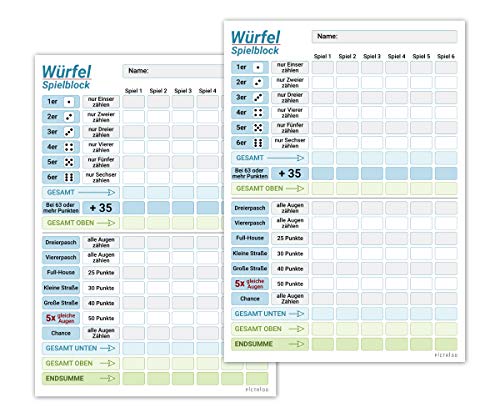 PICTALOO Würfelspiel Block DIN A6, gut lesbar und übersichtlich gestaltet, moderner Ersatzblock, handlicher Reise Spielblock, auch für Kinder geeignet, Würfel Spiel Set, Familienspiel (2X blau) von PICTALOO