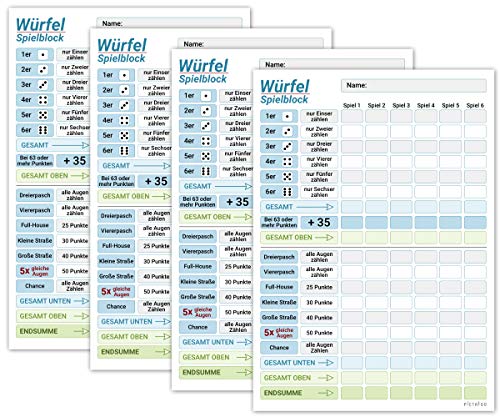 PICTALOO Würfelspiel Block DIN A6, gut lesbar und übersichtlich gestaltet, moderner Ersatzblock, handlicher Reise Spielblock, auch für Kinder geeignet, Würfel Spiel Set, Familienspiel (4X) von PICTALOO