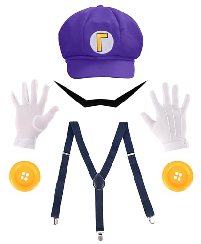 PIIDUOO Super Brothers Halloween Kostüm für Erwachsene - Hut Schnurrbärte Handschuhe Zubehör für Herren Halloween Cosplay, Violett von PIIDUOO