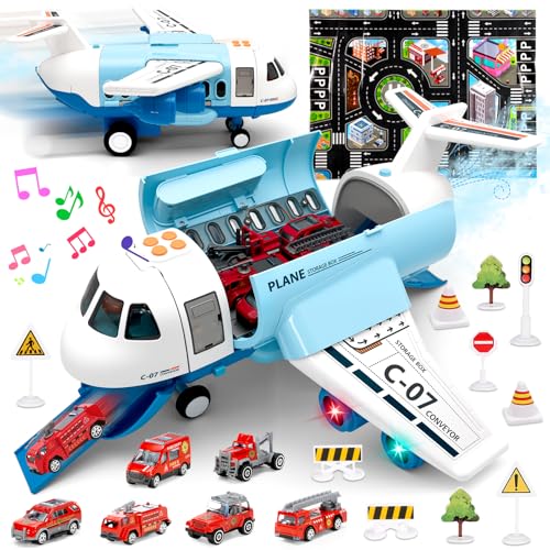 Flugzeug-Spielzeug,Transport Flugzeug Kinder,Spielzeug Flugzeug Spielset mit Rauch, Licht und Sound,Jungenspielzeug-Geschenke für 2 3 4 5 6-Jährige von PIIMNT