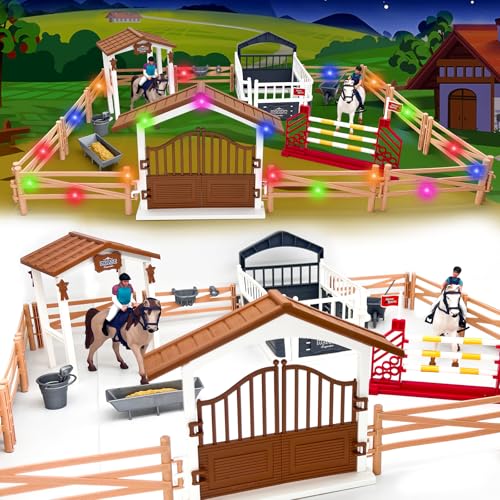 Pferdestall Spielzeug Pferde, Pferde Spielzeug,Horse Pferde Spielzeug mit Reiterin Hindernisse Pferdezaun,Hobby Spielzeug für Pferde Kinder von PIIMNT
