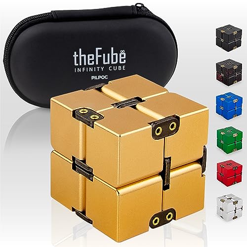 PILPOC theFube Infinity Cube Fidget Desk Toy - Aluminum Infinite Magic Cube with Case, Sturdy, Heavy, Relieve Stress and Anxiety, for ADD, ADHD, OCD (Gold) von PILPOC