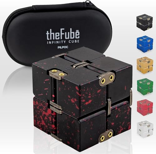 PILPOC theFube Infinity Cube Fidget Desk Toy - Premium Quality Fidget Toys, Aluminium Infinite Magic Cube, Fidget Toy mit Hülle, Fidget Cube für ADD, ADHD, OCD, Anti Stress Würfel [Schwarz & Rot] von PILPOC