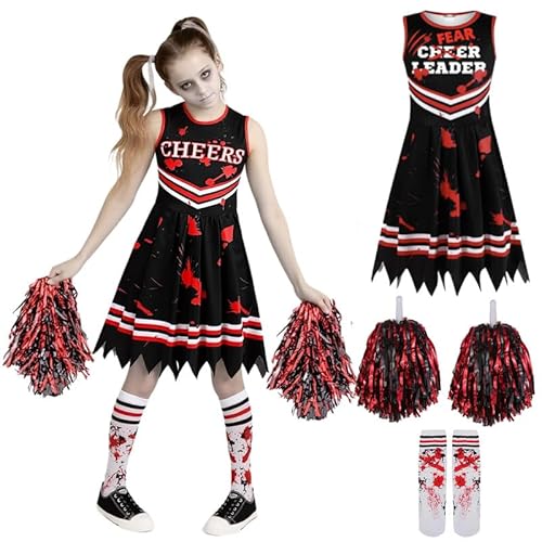 PILUZEAT Cheerleader Kostüm für Mädchen Kinder Halloween Schwarz Kleid Zombie Blutiger mit Pompoms und Socken Fasching Karneval Cosplay Maskerade Motto Familien Party 5-14 jahre 110-150 CM PILUZEAT Cheerleader Kostüm für Mädchen Kinder Halloween Schwarz Kleid Zombie Blutiger mit Pompoms und Socken Fasching Karneval Cosplay Maskerade Motto Familien Party 5-14 jahre 110-150 CM von PILUZEAT
