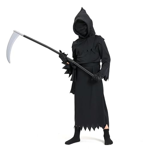 PILUZEAT Sensenmann Kostüm für jungen Mädchen Kinder Halloween Schwarz Umhang Robe mit Kapuze Horror Fasching Karneval Cosplay Maskerade Motto Familien Party Geburtstag Geschenk 5-14 jahre 100-140 CM von PILUZEAT