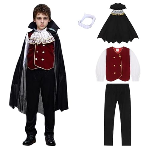 PILUZEAT Vampir Kostüm für jungen Kinder Halloween Gothic Dracula Royal Horror Fasching Karneval Cosplay Maskerade Motto Familien Party Geburtstag Geschenk 5-14 jahre 100-150 CM von PILUZEAT