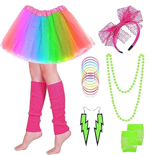 PINEPAN Neon Kostüm Zubehör Set Tutu Rock Spitze Schleife Stirnband Neon Ohrringe Halskette Beinwärmer Fischnetz Handschuhe Armband Regenbogen PINEPAN Neon Kostüm Zubehör Set Tutu Rock Spitze Schleife Stirnband Neon Ohrringe Halskette Beinwärmer Fischnetz Handschuhe Armband Regenbogen von PINEPAN