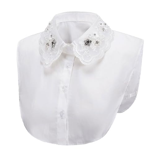 PINGSHI Boutique UK Damen-Hemd mit Perlen und Strasssteinen, Kunstkragen, elegant, abnehmbar, weiß/schwarz, Bluse for Herbst/Winter, Vintage-Stil(Blanc) von PINGSHI Boutique UK
