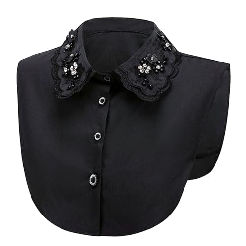 PINGSHI Boutique UK Damen-Hemd mit Perlen und Strasssteinen, Kunstkragen, elegant, abnehmbar, weiß/schwarz, Bluse for Herbst/Winter, Vintage-Stil(Svart) von PINGSHI Boutique UK