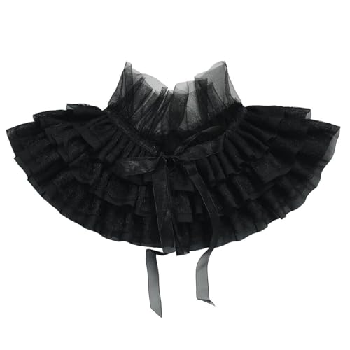 PINGSHI Boutique UK Doppellagiger Schal mit Faltenkragen und Schnürung, gerüschter Halsbekleidung for Damen, Cosplay, historische Ereignisse(Svart) von PINGSHI Boutique UK