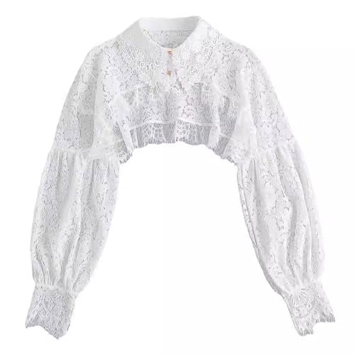PINGSHI Boutique UK Spitzen-Cape-Ärmel-Top mit Kunstkragen, Damen-Langarmbluse mit abnehmbarem Kragen, Gothic-Überzug for Kleider(Blanc) von PINGSHI Boutique UK