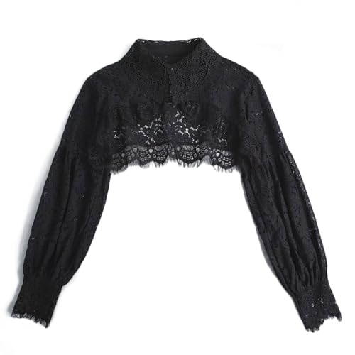 PINGSHI Boutique UK Spitzen-Cape-Ärmel-Top mit Kunstkragen, Damen-Langarmbluse mit abnehmbarem Kragen, Gothic-Überzug for Kleider(Svart) von PINGSHI Boutique UK