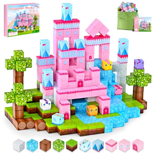 PINKCAT Magnetische Bausteine - Rosa Schloss Magnete Bausteine Spielset, Magnetischer Spielzeugbaustein für Jungen und Mädchen, Montessori Spielzeug ab 3 Jahren Geschenk für Kinder (100 Blöcke) von PINKCAT