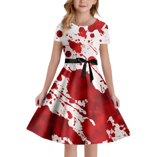 Halloween Kostüm Mädchen, Blutiges Kleid mit Blutspritzer Aufdruck, Mittelalter Kleidung Prinzessin Kostüme, Hallowee Partykleid Abendkleid Vampir Blood Gothic Kleid, Horror Verbandkleid Für Cosplay von PINTUTU