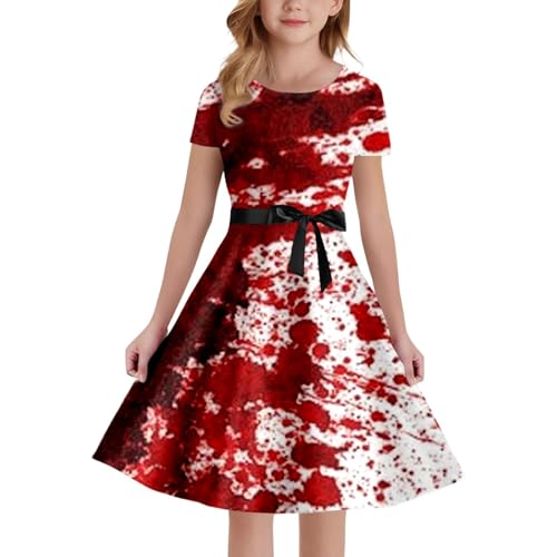 Halloween Kostüm Mädchen, Blutiges Kleid mit Blutspritzer Aufdruck, Mittelalter Kleidung Prinzessin Kostüme, Hallowee Partykleid Abendkleid Vampir Blood Gothic Kleid, Horror Verbandkleid Für Cosplay von PINTUTU