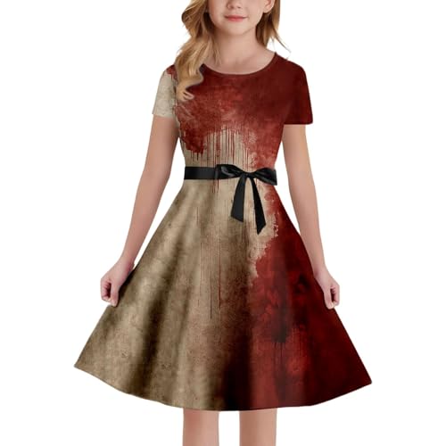 Halloween Kostüm Mädchen, Blutiges Kleid mit Blutspritzer Aufdruck, Mittelalter Kleidung Prinzessin Kostüme, Hallowee Partykleid Abendkleid Vampir Blood Gothic Kleid, Horror Verbandkleid Für Cosplay von PINTUTU