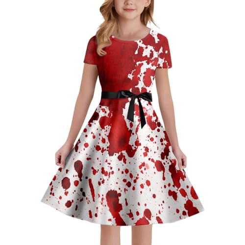 Halloween Kostüm Mädchen, Blutiges Kleid mit Blutspritzer Aufdruck, Mittelalter Kleidung Prinzessin Kostüme, Hallowee Partykleid Abendkleid Vampir Blood Gothic Kleid, Horror Verbandkleid Für Cosplay von PINTUTU