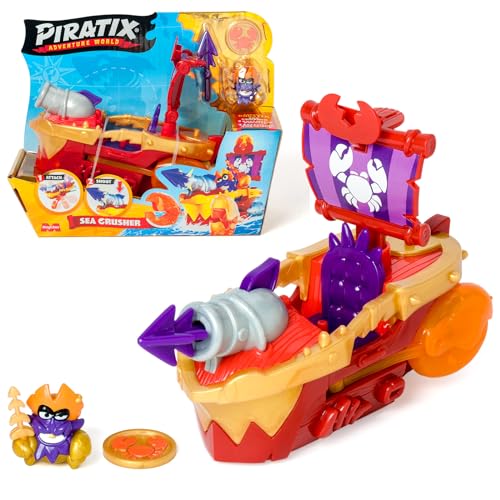 PIRATIX ADVENTURE WORLD Sea Crusher Piratenschiff in Krabbenform inkl. 1 Piratenschiff, 1 exklusiver Piratix, 1 exklusiver Schatz, 1 Zubehör, 1 Kanone und 1 Projektil von PIRATIX ADVENTURE WORLD