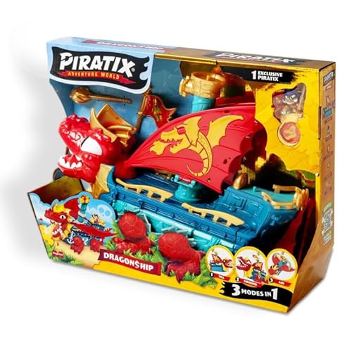 PIRATIX Dragon Ship – Drachenschiff aus Pyratix, 3-in-1: Erde, Meer und Luft. Enthält 1 Drachenschiff, 1 exklusiver Piratix, 1 exklusiver Schatz, 1 Flagge und 1 Projektil von PIRATIX ADVENTURE WORLD