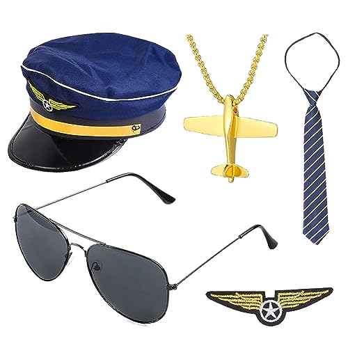 PIUMOJ Airline Pilot Captain Kostüm Set, Flieger Captain Kostüm Set, Flieger Verkleidung Accessoires mit Hüte Krawatte Sonnenbrille Abzeichen Halskette, Pilot Kostüm Zubehör Cosplay für Halloween von PIUMOJ