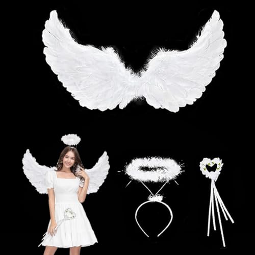 PIUMOJ Engel Flügel Kostüm, Halloween Kostüm Engel Mädchen, Engel Kostüm Set mit Heiligenschein Engelsstab und Federn Flügel, Engel Flügel Weiß für Halloween Karneval Cosplay, 3 Stücke PIUMOJ Engel Flügel Kostüm, Halloween Kostüm Engel Mädchen, Engel Kostüm Set mit Heiligenschein Engelsstab und Federn Flügel, Engel Flügel Weiß für Halloween Karneval Cosplay, 3 Stücke von PIUMOJ