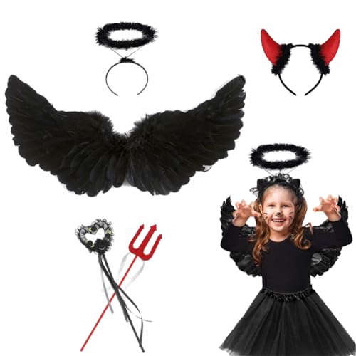 PIUMOJ Engels Flügel Mit Heiligenschein und Zauberstab, Federflügel Engel, Schwarz Flügel, Engel Flügel Kinder, Teufel kostüm für Halloween Karneval Cosplay Party Cosplay, 5 Stücke PIUMOJ Engels Flügel Mit Heiligenschein und Zauberstab, Federflügel Engel, Schwarz Flügel, Engel Flügel Kinder, Teufel kostüm für Halloween Karneval Cosplay Party Cosplay, 5 Stücke von PIUMOJ