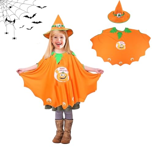 PIUMOJ Fledermaus Umhang Kostüm, Halloween Kostüm Kinder, Fledermaus Cape Kinder mit Hut, Kürbis Umhang Kostüm Cosplay für Halloween Fasching Karneval Party, Orange PIUMOJ Fledermaus Umhang Kostüm, Halloween Kostüm Kinder, Fledermaus Cape Kinder mit Hut, Kürbis Umhang Kostüm Cosplay für Halloween Fasching Karneval Party, Orange von PIUMOJ