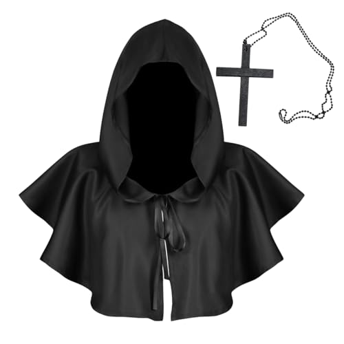 PIUMOJ Mittelalter Kurzhaube Kapuzenmantel Halloween Grim Gugel Mantel Mittelalter Kapuzen Haube Hut Poncho Cosplay Kostüm für Männer Frauen, mit Kreuz-Halskette, Schwarz PIUMOJ Mittelalter Kurzhaube Kapuzenmantel Halloween Grim Gugel Mantel Mittelalter Kapuzen Haube Hut Poncho Cosplay Kostüm für Männer Frauen, mit Kreuz-Halskette, Schwarz von PIUMOJ