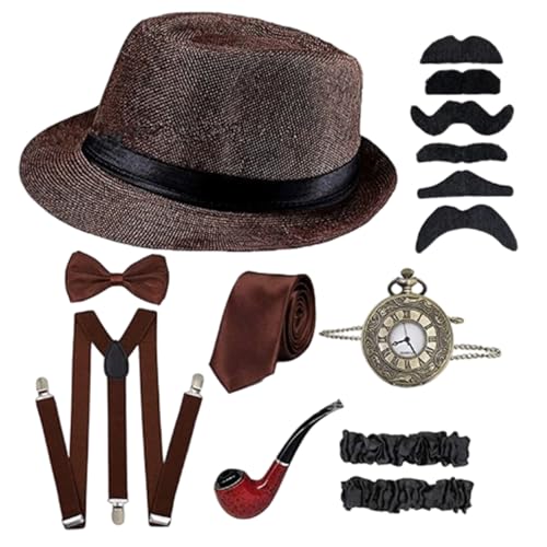 PIUpiuLIANG 8pcs/Set 1920 Herrenzubehör Retro 1920 Herren -Outfit -Set umfassen Coffee Fliege Hosenträger Hut Watch Fake Bart und mehr für Partyzubehör PIUpiuLIANG 8pcs/Set 1920 Herrenzubehör Retro 1920 Herren -Outfit -Set umfassen Coffee Fliege Hosenträger Hut Watch Fake Bart und mehr für Partyzubehör von PIUpiuLIANG