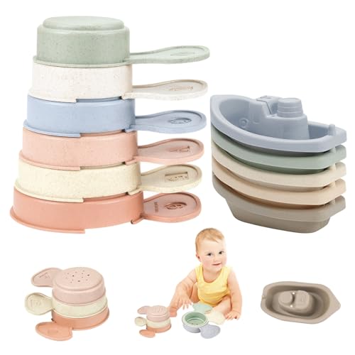 PIUpiuLIANG Kleinkindbadspielzeug 11pcs/Set Baby Bad Spielzeug beinhaltet 6 schwimmende Boote ＆ 5 Stapelbare Badekelle mit Löchern Kinderpool -Dusche für Baby 6 Monate+ von PIUpiuLIANG