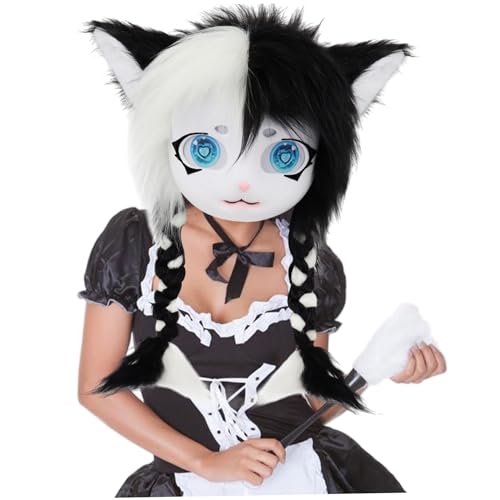PIUpiuLIANG Pelzige Maske niedliche Plüschkatze Pelzige Kopf mit Zöpfen Fursuit Tierkopf für themenbezogene Partys Maskerade Cosplay Kostümzubehör, Schwarz -Weiß -Maske PIUpiuLIANG Pelzige Maske niedliche Plüschkatze Pelzige Kopf mit Zöpfen Fursuit Tierkopf für themenbezogene Partys Maskerade Cosplay Kostümzubehör, Schwarz -Weiß -Maske von PIUpiuLIANG