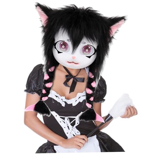 PIUpiuLIANG Pelzige Maske niedliche Plüschkatze pelziger Kopf mit Zöpfen Fursuit Tierkopf für tierische Partys Maskerade Cosplay Kostümzubehör, schwarze Maske PIUpiuLIANG Pelzige Maske niedliche Plüschkatze pelziger Kopf mit Zöpfen Fursuit Tierkopf für tierische Partys Maskerade Cosplay Kostümzubehör, schwarze Maske von PIUpiuLIANG