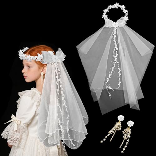 PIWOSGOL Haarschmuck Kommunion Mädche, Blumenmädchen Haarschmuc Für Mädchen, Kommunion Haarschmuc Für Mädchen, Erstkommunion Haarschmuck Mädchen Mit 1 Paar Ohrringe, Für Blumenkind Hochzeit von PIWOSGOL